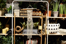 Load image into Gallery viewer, An &quot;eye-spy&quot; macrame wall hanging in front of a shelf full of plants and objects.
